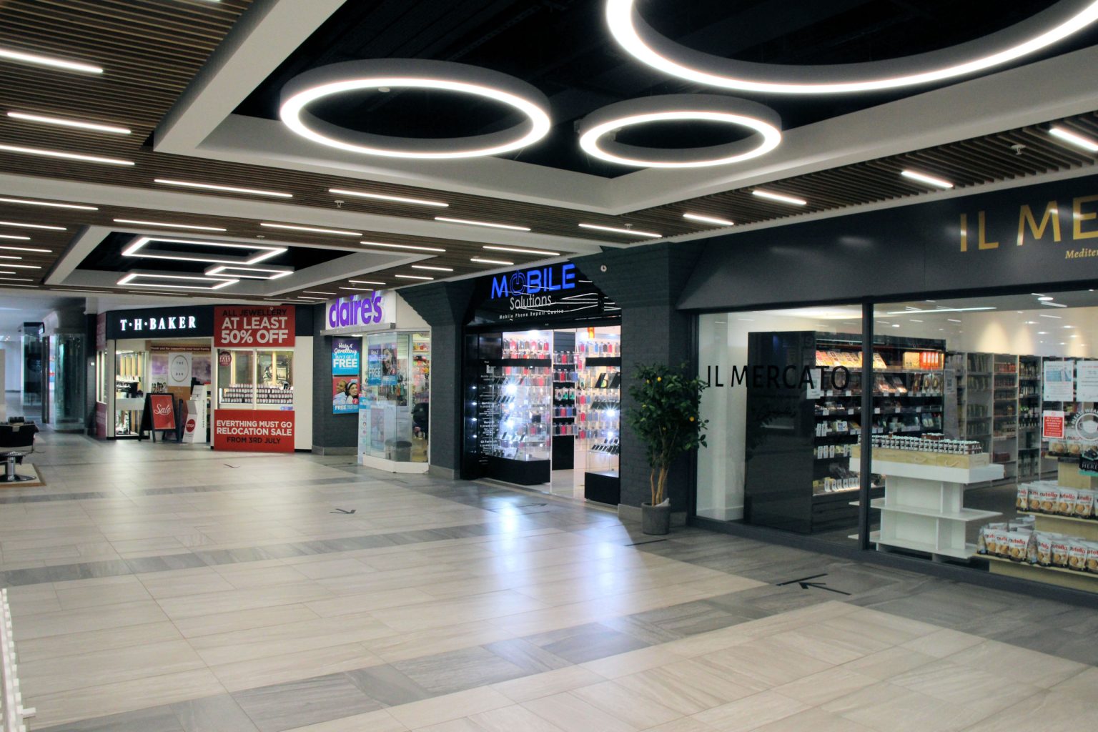 Grafton Centre shops and dark ceiling