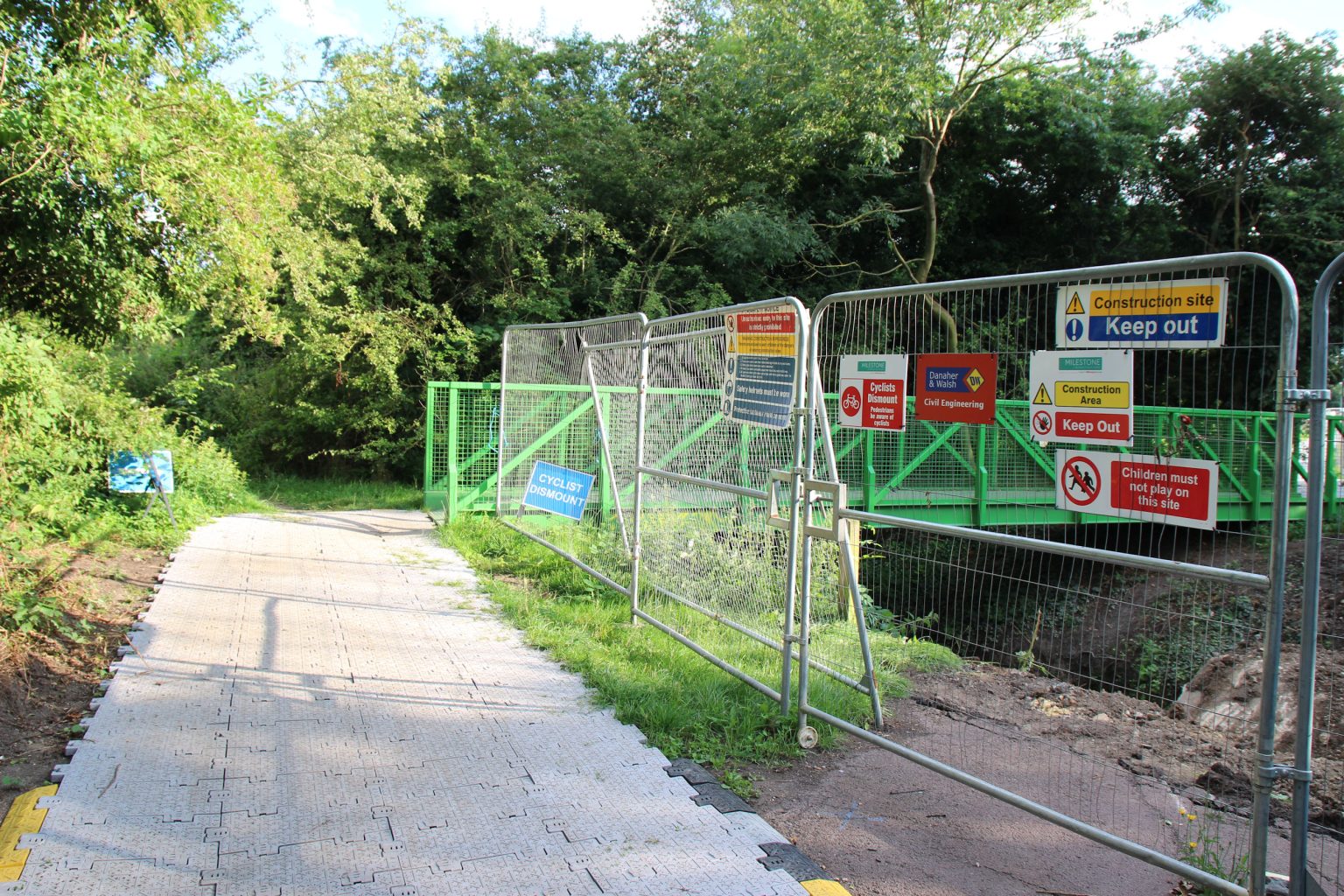 Temporary path to bridge across Coldham's Brook